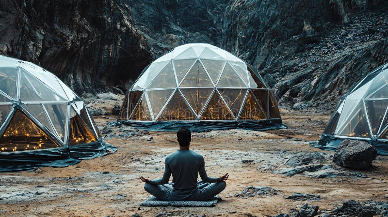 Inner peace amidst the stars embracing tranquility at a meditation retreat in a sci-fi mars thai colony dome stock illustration