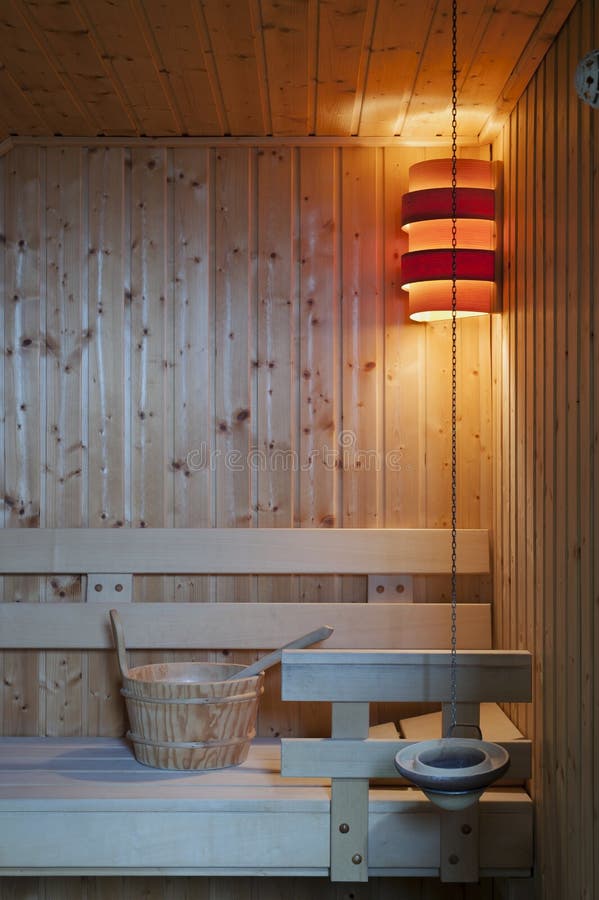 Moderne Finnische Sauna Mit Neonlichtern Schönes Innenhaus F Stockfoto