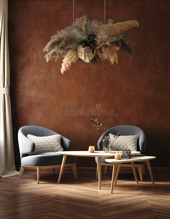 Home interior trend, dark room with chairs, coffee table and dry grass bouquet hanging above, living room with old grunge brown wall, 3d render. Home interior trend, dark room with chairs, coffee table and dry grass bouquet hanging above, living room with old grunge brown wall, 3d render