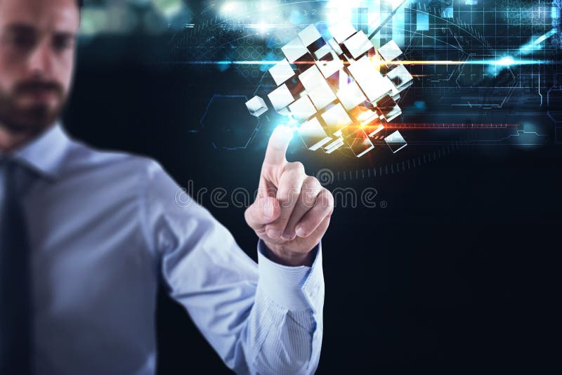Innovation in the digital world. Businessman pointing at abstract cubes shines. 3D Rendering royalty free stock photography