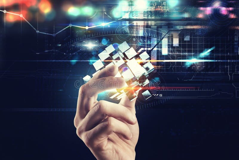 Innovation in the digital world. Hand holds abstract cubes. 3D Rendering royalty free stock photos