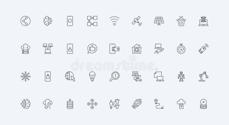 Innovation technology, AI and IoT, digital network and machine learning line icon set royalty free illustration