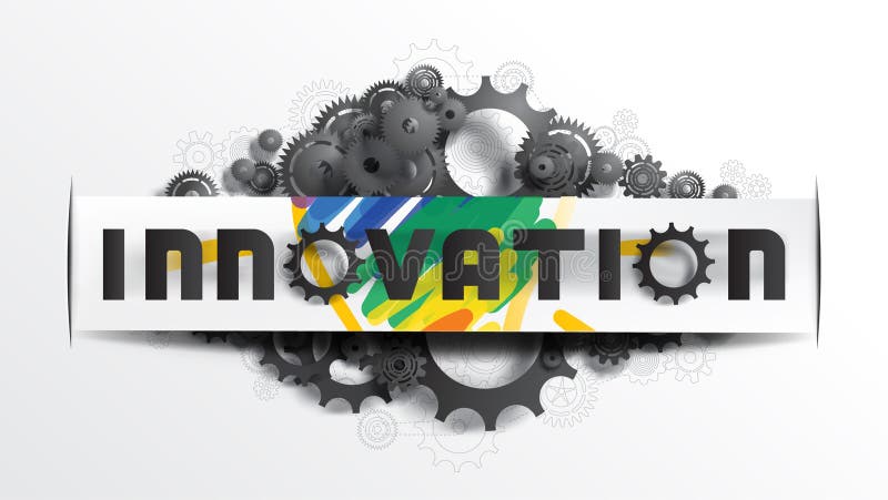 INNOVATIONord på pappers- klippt etikett, på svarta kugghjul och kuggar på att skissa kugghjul- och kuggeritningbakgrund vektor illustrationer INNOVATIONord på pappers- klippt etikett, på svarta kugghjul och kuggar på att skissa kugghjul- och kuggeritningbakgrund vektor illustrationer