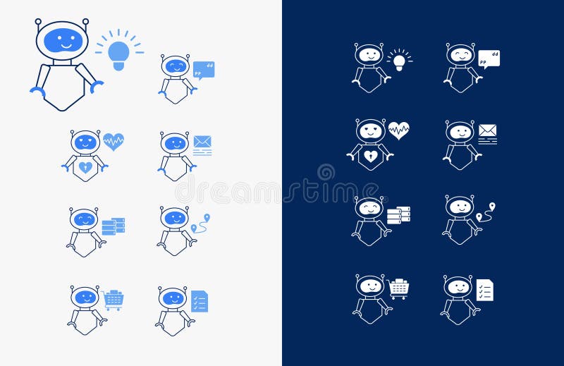 Innovative Ai Roboter-Icons für kreative Projekte. Ai Roboter-Illustrationspaket für Chat und Automatisierung mit künstlicher Inte. Ai-Roboter-Illustrationspaket für Chat-Technik mit künstlicher Intelligenz und Automatisierungstechnik. Vektorsymbole.