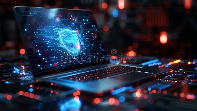 A laptop displays a digital shield symbol, representing advanced artificial intelligence features that enhance online security. Shield artificial intelligence stock images, royalty-free photos and pictures