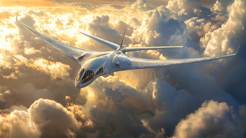 An innovative aircraft gliding gracefully through billowing clouds mimicking the elegance of nature\'s avian creatures royalty free illustration