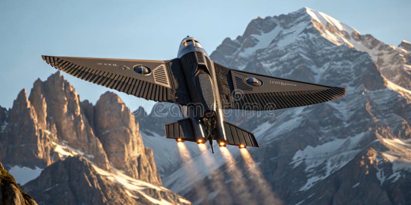 Innovative aircraft soars above majestic mountain range during sunset showcasing advanced technology and design stock illustration