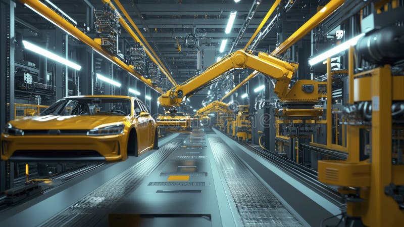 Automated car assembly line with robotic arms working stock illustration
