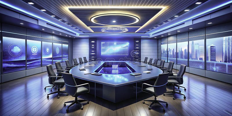 Innovative BlueToned Conference Room with Video Wall FutureForward Meeting Space for Engaging Presentations royalty free illustration