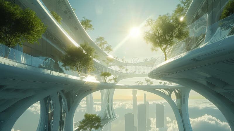 Innovative building design blending futuristic style and sustainability. vector illustration