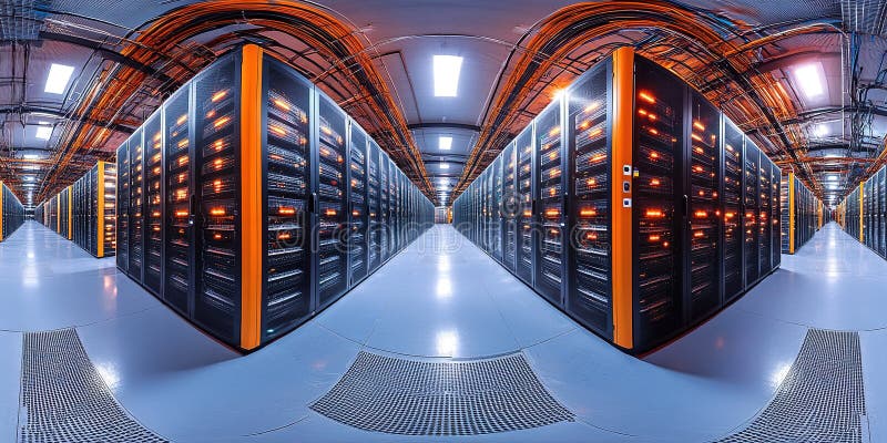 Innovative data center showcasing advanced technology and efficient server organization with illuminated racks and stock image