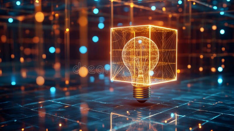 Innovative Digital Lightbulb Idea Cube Abstract Background Design 3d blue shiny glass lines bright royalty free illustration