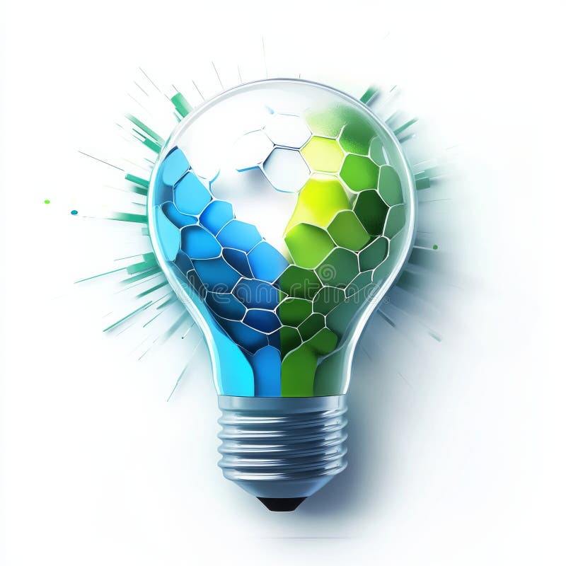 Innovative eco-friendly lightbulb design with blue and green honeycomb patterns royalty free stock photo