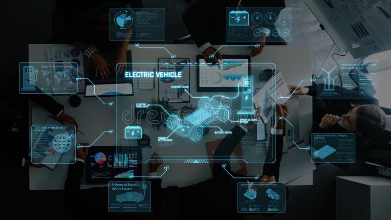 Innovative Electric Vehicle Technology and Analysis Session in a Modern Corporate Workspace with Interactive Digital royalty free stock images