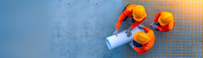 Innovative Engineers Reviewing Blueprints Next to Hi-BEAM Framework - Planning and Executing Strategic Construction Projects vector illustration