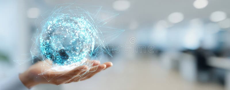 The Innovative Hand Holding a Digital Globe Representing Global Connectivity image stock image.