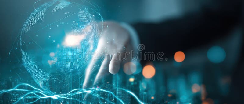 The innovative hand reaching out to a digital globe representation. image royalty free stock images.