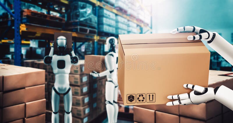 Innovative industry robot working in warehouse for human labor replacement stock photography