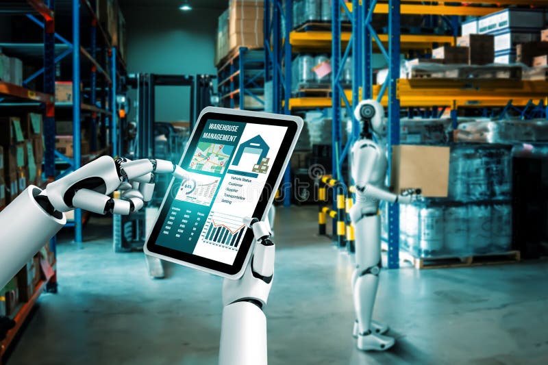 Innovative industry robot working in warehouse for human labor replacement stock image