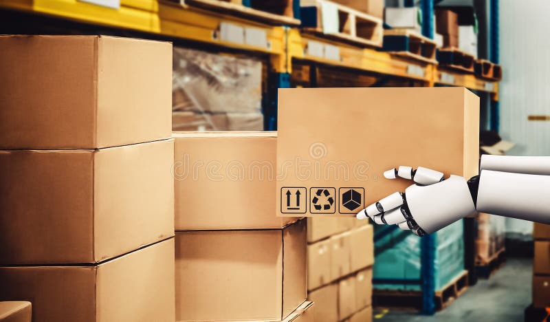 Innovative industry robot working in warehouse for human labor replacement stock images