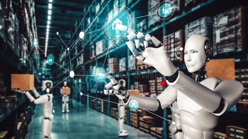 Innovative industry robot working in warehouse for human labor replacement royalty free stock images