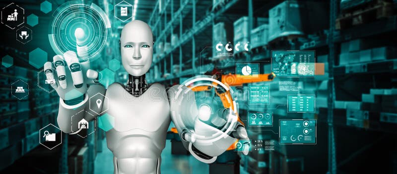 Innovative industry robot working in warehouse for human labor replacement stock image