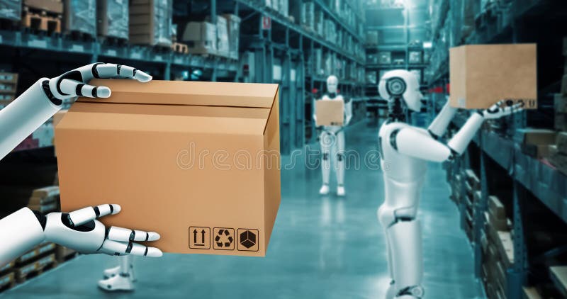 Innovative industry robot working in warehouse for human labor replacement stock images