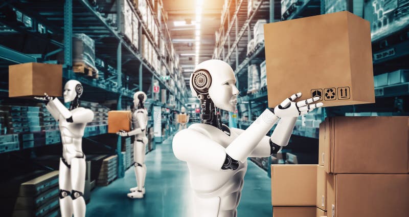 Innovative industry robot working in warehouse for human labor replacement stock photography