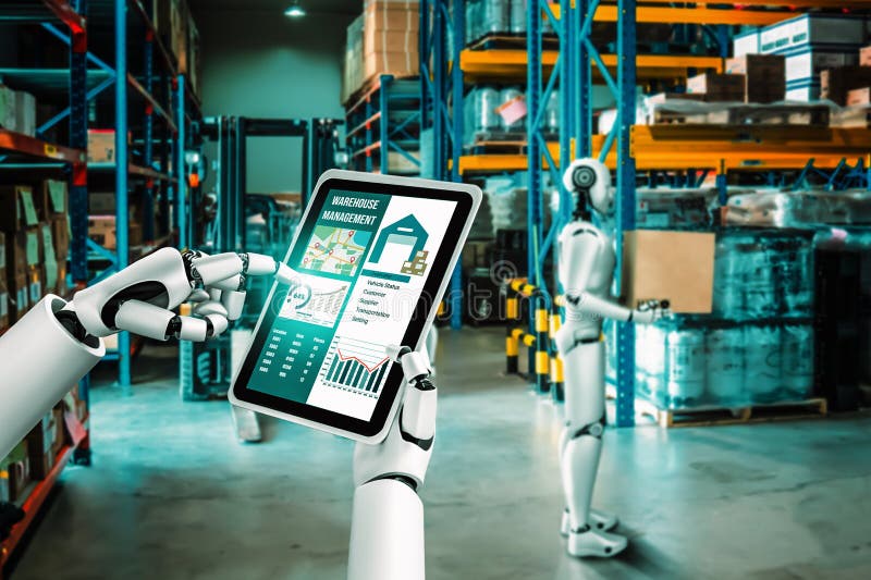 Innovative industry robot working in warehouse for human labor replacement royalty free stock photography