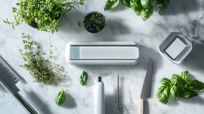 Innovative kitchen accessories elegantly arranged on a marble countertop royalty free illustration