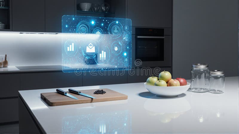 Innovative Kitchen with Futuristic Interface vector illustration