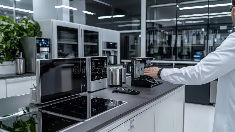 Innovative kitchen technology demonstration modern laboratory product testing clean environment close-up view smart devices vector illustration
