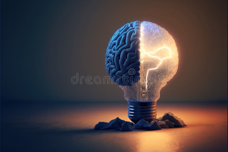 Innovative Light Bulb with Brain and Electric Sparks Stock Illustration