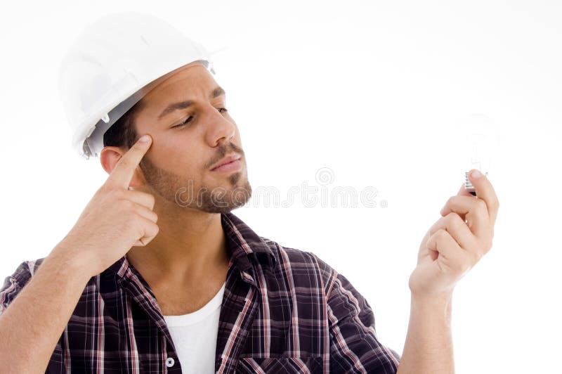 Innovative Male Looking at Electric Bulb Stock Image Image of