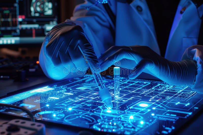 Innovative Microfluidic Chip Usage in Modern Laboratory with Real-Time Data Display royalty free stock images