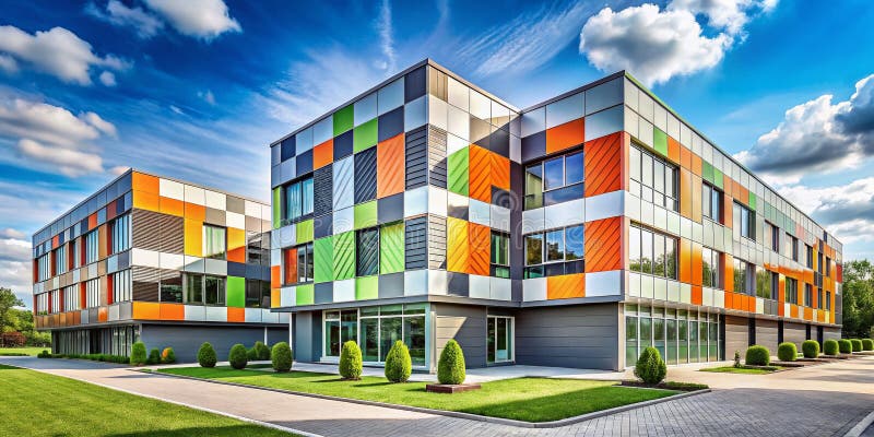 Innovative Modular Office Buildings: Geometric Fiber Cement Siding for a Thriving Tech Park vector illustration