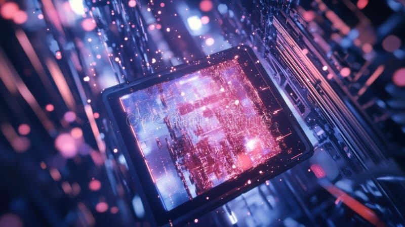 Innovative quantum computing processor managing data flow in futuristic server room royalty free illustration
