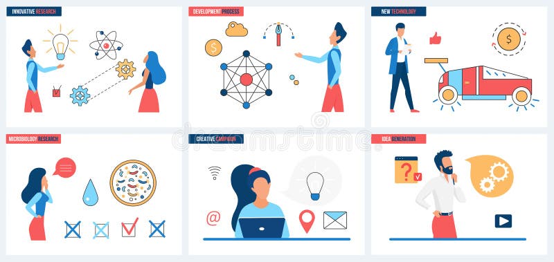 Innovative research and technology, process of creative idea generation, development set vector illustration