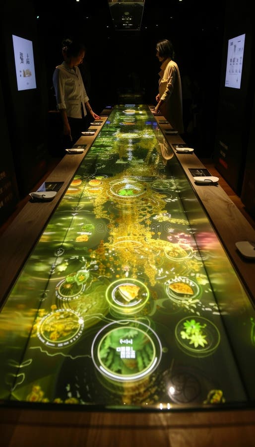 Innovative restaurant table with illuminated digital display showing food items. royalty free stock photography
