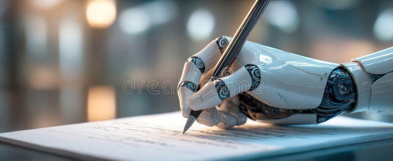 Innovative Robot Hand Writon Paper med Precision och CretivityAI genererade image royaltyfria bilder