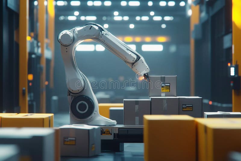 Innovative Robot Manipulator Efficiently Sorting Packages in a Modern Facility Generative AI royalty free illustration