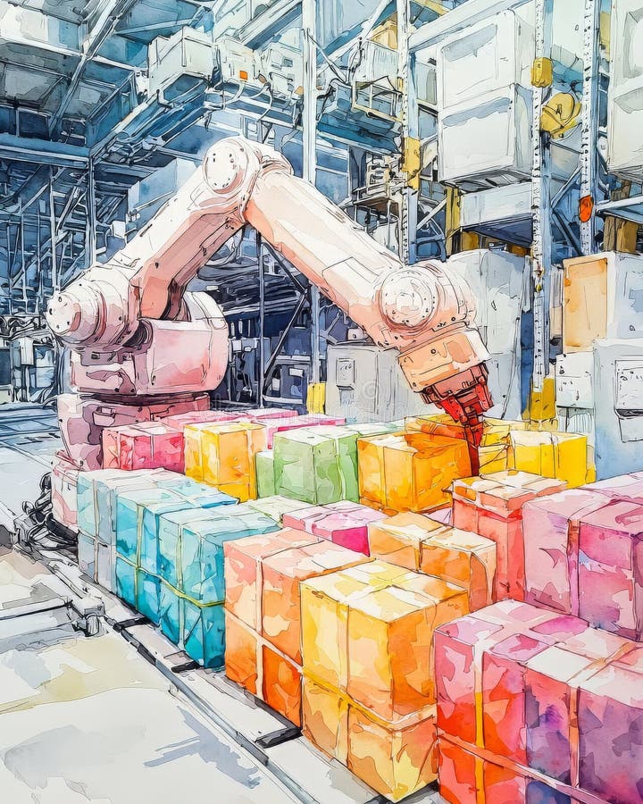 Innovative Robot Revolutionizing Supply Chain Efficiency Through Smart Logistical Solutions and Box Sorting royalty free illustration