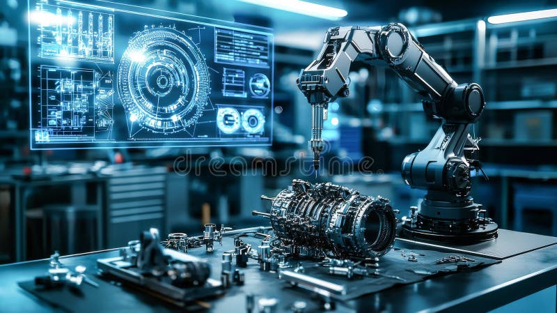 Innovative robotic arm assembling precision machine parts in futuristic high-tech laboratory. concept of automation royalty free stock photo