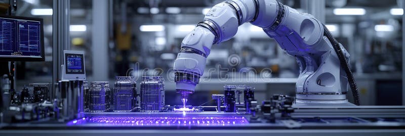 Innovative robotic arm constructing luminous digital grid royalty free illustration
