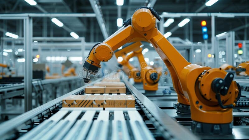 Innovative robotic arms working on a production line royalty free illustration