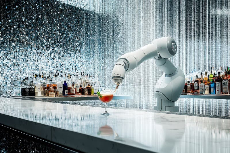Innovative robotic bartender prepares a cocktail in a modern bar setting stock photo