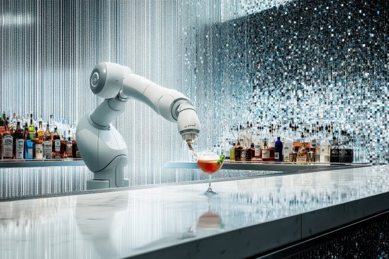 Innovative robotic bartender prepares a cocktail in a modern bar setting stock photography