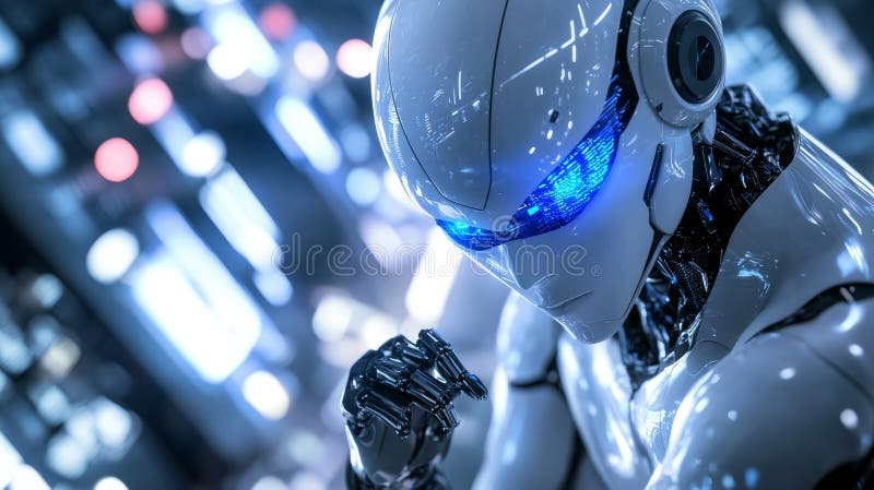 An innovative robotic being with human-like characteristics displaying a futuristic appearance in a state-of-the-art royalty free stock photos