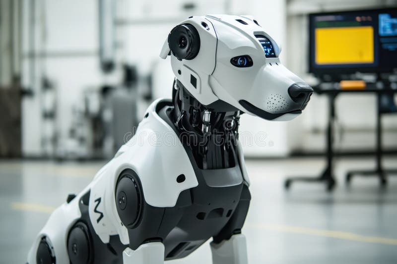 Innovative robotic dog stands in a high-tech facility showcasing advanced technology stock images