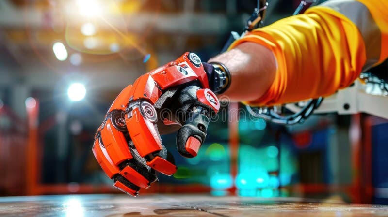 Innovative robotic glove in high-tech engineering environment royalty free stock photography